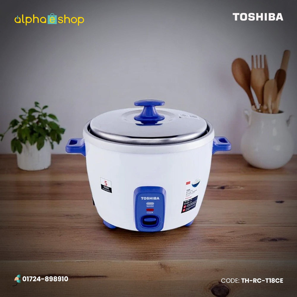 Toshiba T18CE 1.8L white and blue rice cooker with cook and warm indicator controls, model TH-RC-T18CE.