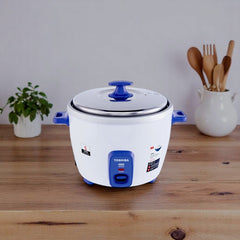 Toshiba T18CE 1.8L white and blue rice cooker with cook/warm indicator and one-touch control, model TH-RC-T18CE.