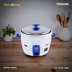 Toshiba T18CE 1.8L white and blue rice cooker with cook and warm indicator controls, model TH-RC-T18CE.