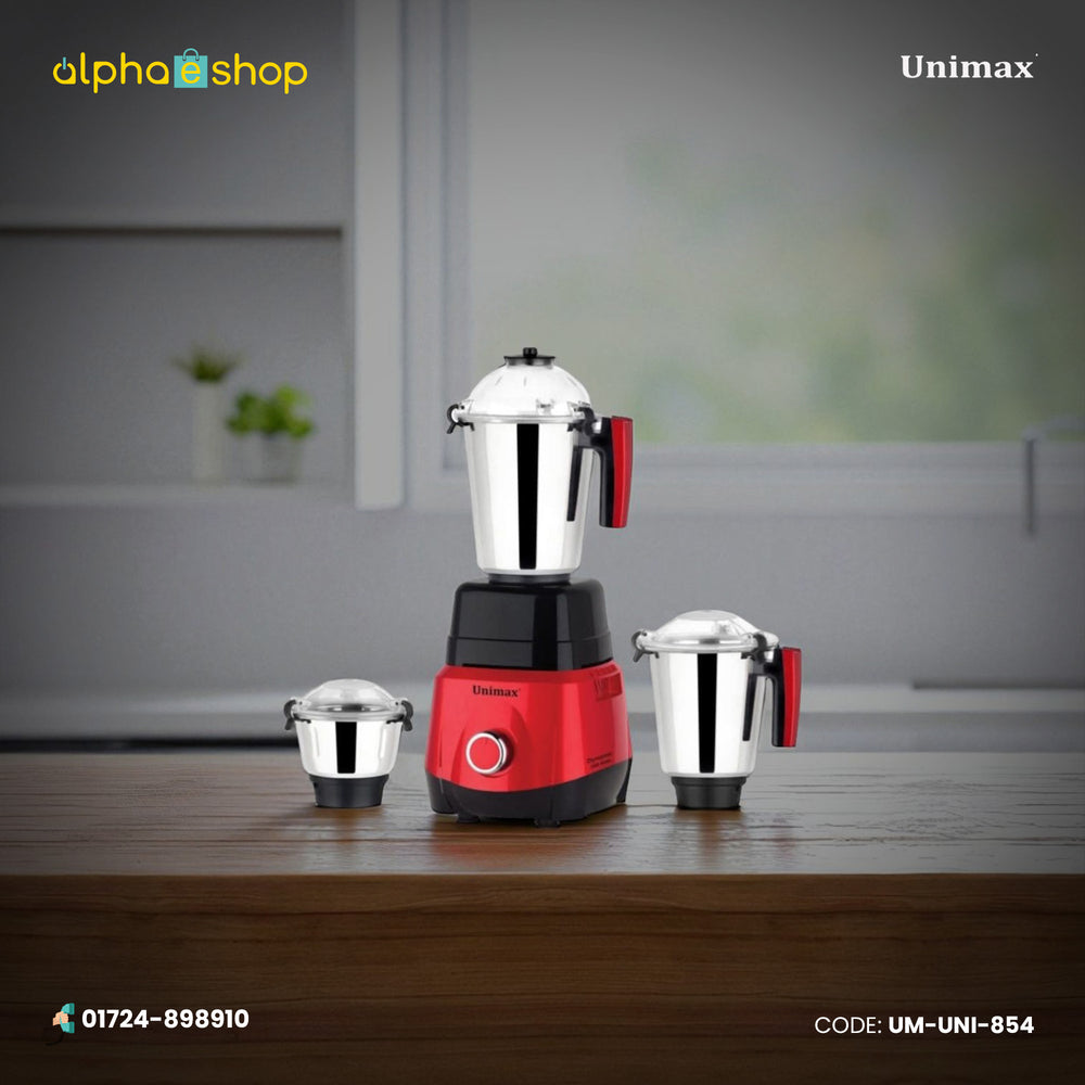 Unimax Dynamic 1400W mixer grinder (UM-Uni-854) in red, featuring three stainless steel jars. Available at Alphaeshop.