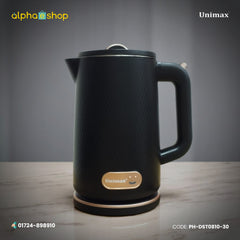 Unimax electric kettle in black with gold accents and 1000W power. Efficient kitchen appliance available at Alphaeshop.
