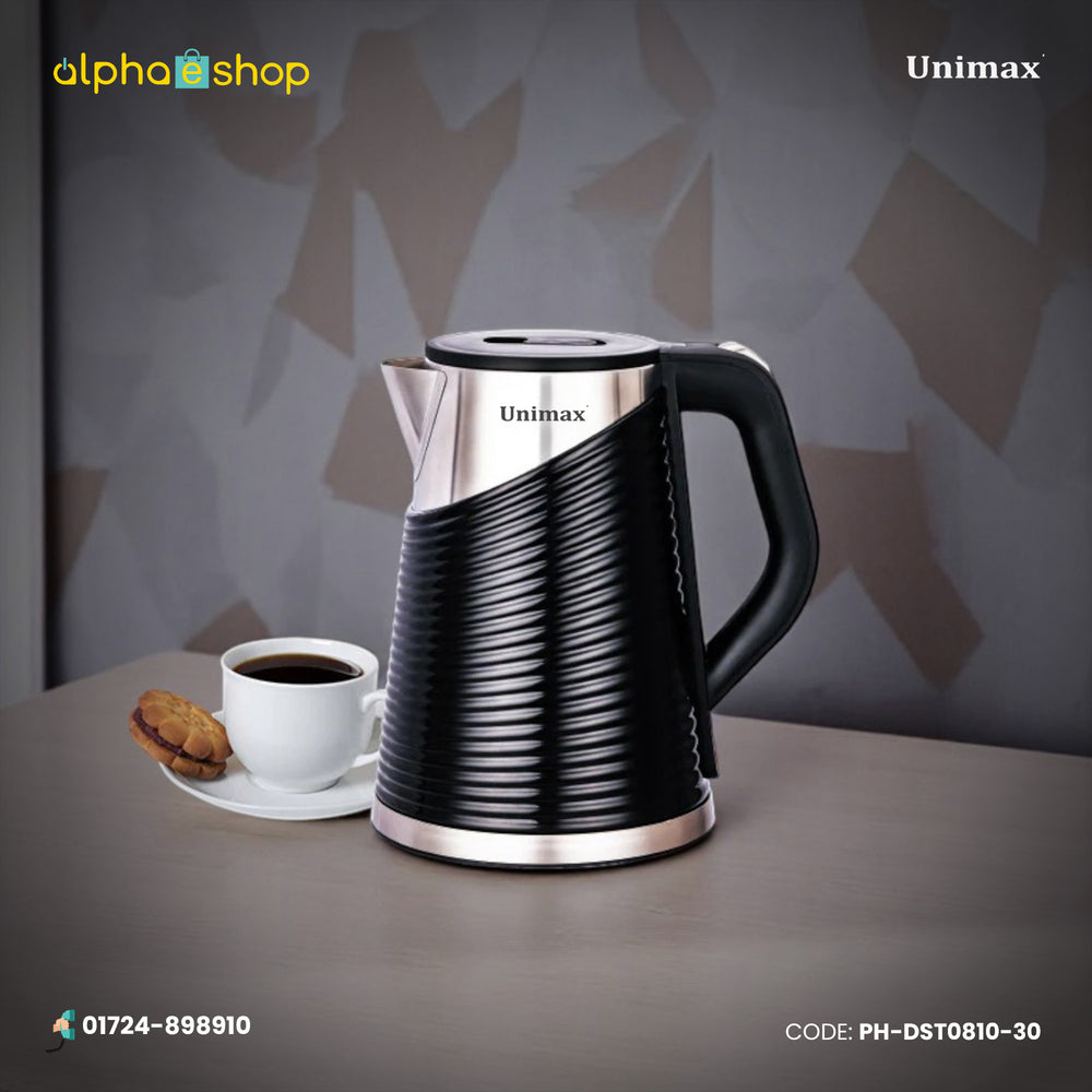 Unimax electric kettle featuring a sleek black and silver finish with a modern ridged design. Available at Alphaeshop.