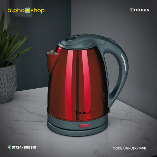 Unimax electric kettle in metallic copper-red with dark gray handle and base. Available at Alphaeshop.