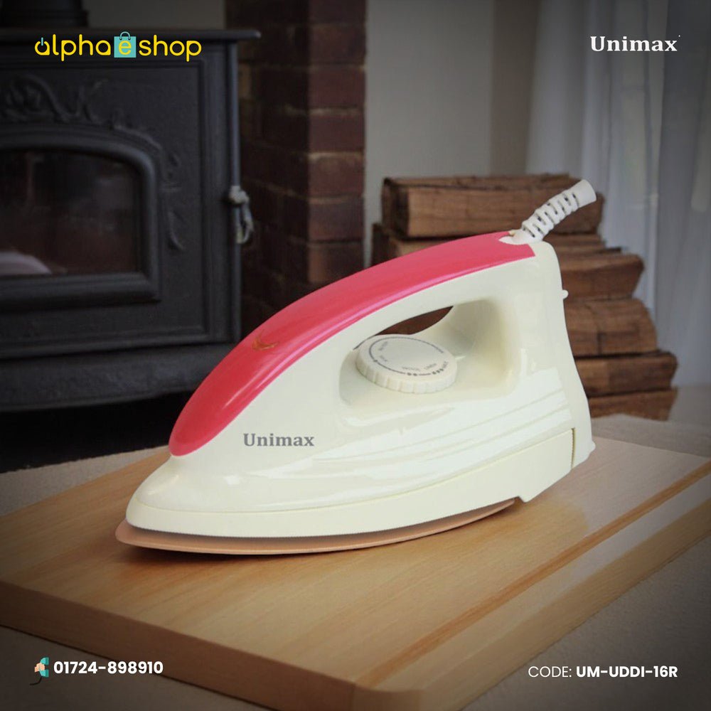 Unimax UDDI-16R Deluxe dry iron in cream and red with temperature control dial, ergonomic handle and smooth soleplate.