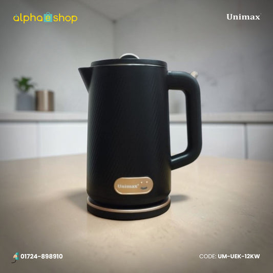 Unimax UEK-12KW 1000W black electric kettle with covered lid, ergonomic handle and cordless base.