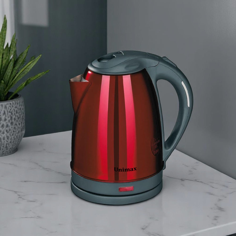 Unimax UEK-14SR electric kettle with metallic red body, gray handle, covered lid and indicator light.