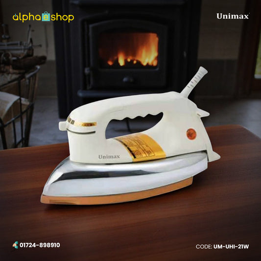 Unimax UHI-21W 1000W heavy iron in white with polished metal soleplate and ergonomic handle, model UM-UHI-21W.