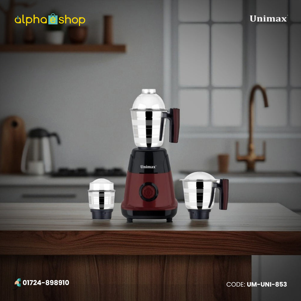 Unimax Venus 100W mixer grinder (UM-Uni-853) in maroon, featuring three stainless steel jars. Available at Alphaeshop.