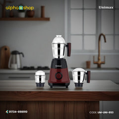 Unimax Venus 100W mixer grinder (UM-Uni-853) in maroon, featuring three stainless steel jars. Available at Alphaeshop.
