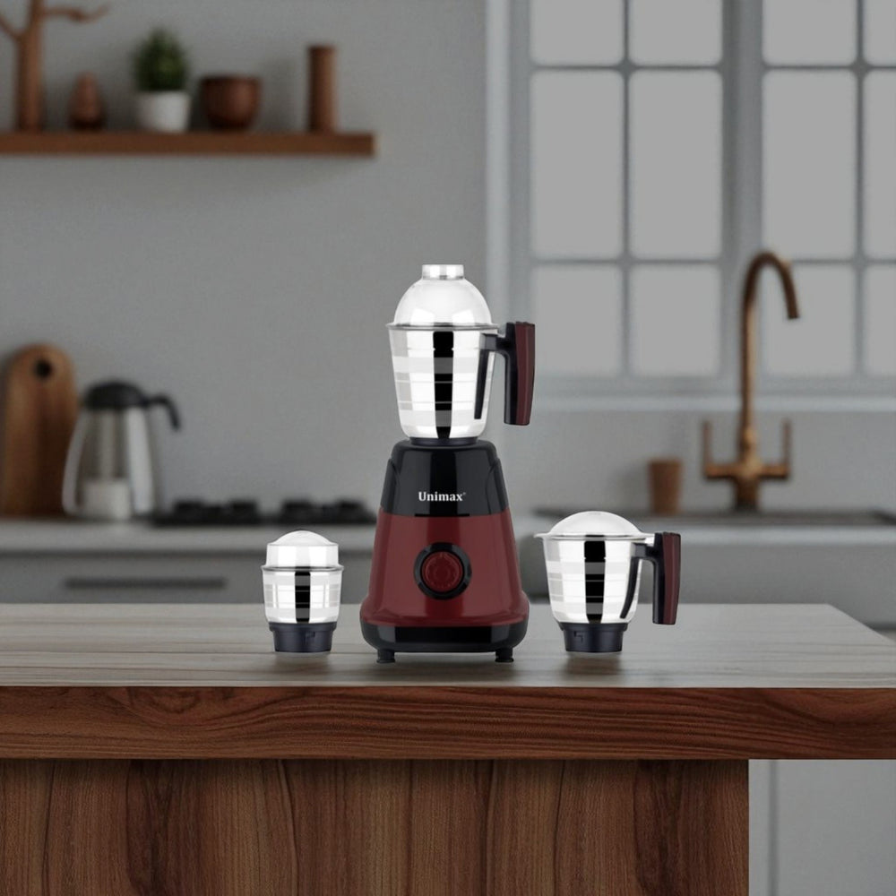 Unimax Venus 100W mixer grinder in maroon and black with three stainless steel jars, model UM-Uni-853.