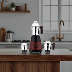 Unimax Venus 100W mixer grinder in maroon and black with three stainless steel jars, model UM-Uni-853.