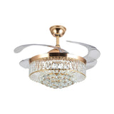 Qulik C15 48" Crystal Chandelier Retractable Invisible Blade MP3 Silent 3 Color Change LED Remote Ceiling Fan (Golden) Q-8335 - Modern Luxury Ceiling Fan with Crystal Chandelier Style in Golden Finish