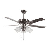 Qulik 52" European Style Ceiling Fan - Q-8118-AC. Antique Copper finish with glass flower design, pure copper movement, LED lighting, and remote control. Perfect for living rooms, bedrooms, and dining areas