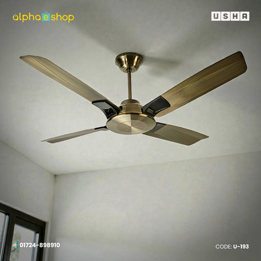 Usha Aldora 53 inch ceiling fan in Antique Brass, model U-193, featuring a premium four-blade design with metallic accents.