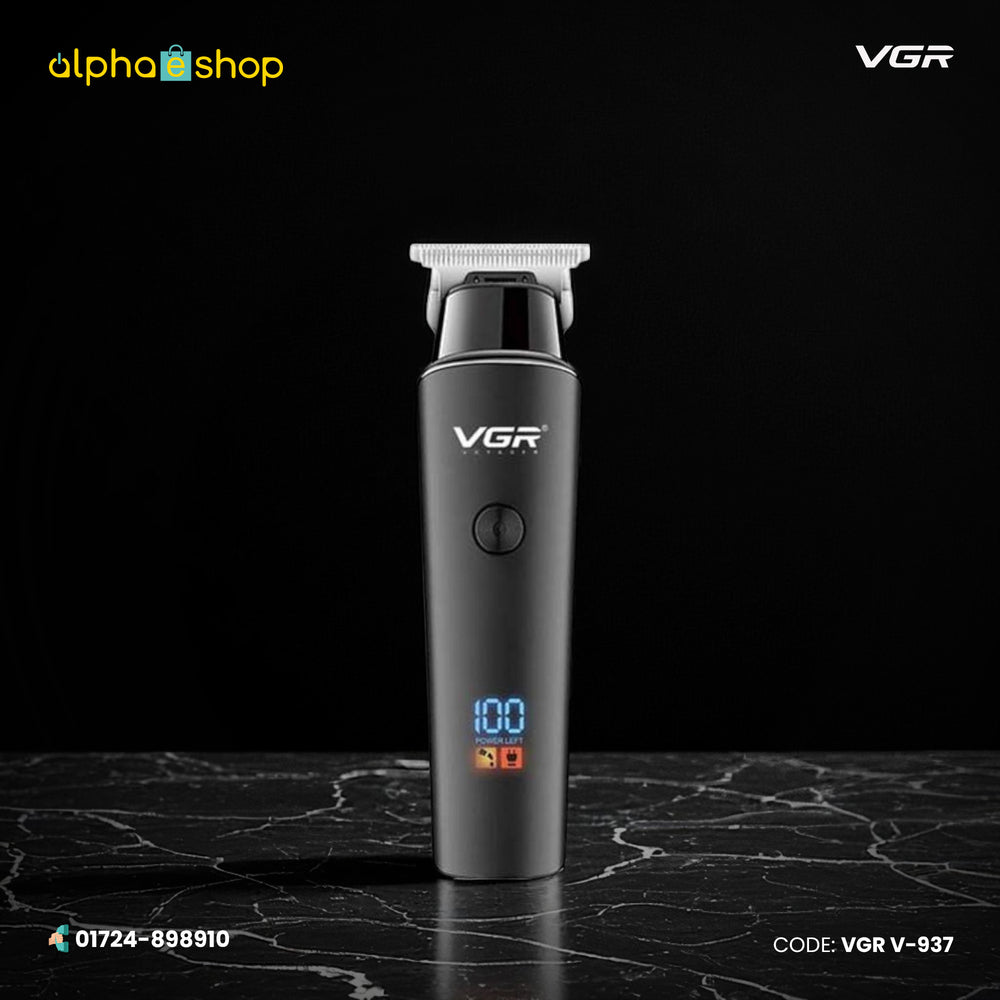 VGR V-937 black hair trimmer for men with T-blade, digital power display and rechargeable design.