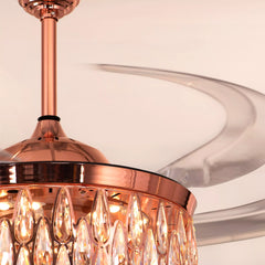 Breezelux 48" Crystal Retractable Luxury Decorative Silent Underlight Invisible Blade Chandelier with Remote Ceiling Fan (Golden) BL-2863