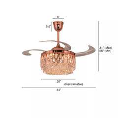 Breezelux 48" Crystal Retractable Luxury Decorative Silent Underlight Invisible Blade Chandelier with Remote Ceiling Fan (Golden) BL-2863