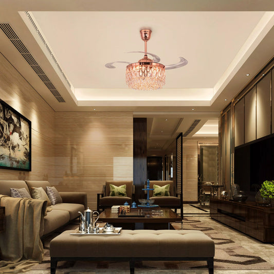 Breezelux Alpha 48" Crystal Retractable Luxury Decorative Silent Underlight Invisible Blade Chandelier with Remote Ceiling Fan (Golden) BL-2863
