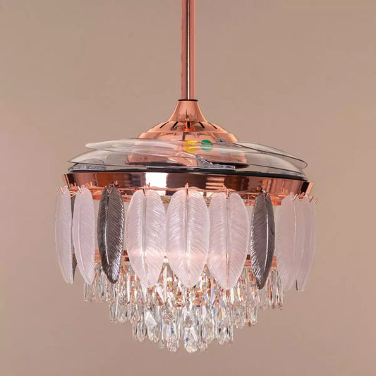 Breezelux Alpha 48" Crystal Retractable Luxury Decorative Silent Underlight Invisible Blade Chandelier with Remote Ceiling Fan (Rose Gold) BL-3023