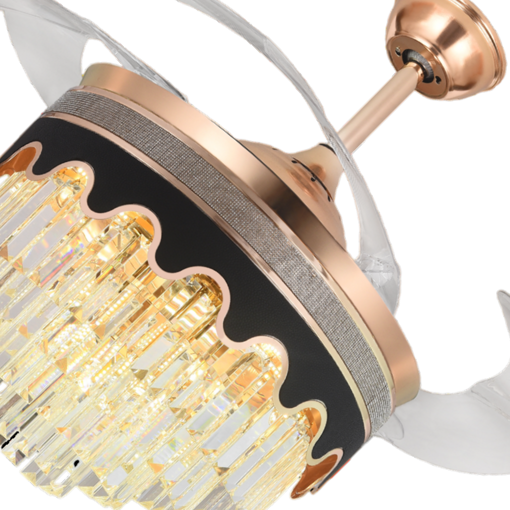 Qulik C04 48" Crystal Chandelier Retractable Invisible Blade MP3 Silent 3 Color Change LED Remote Ceiling Fan (Golden) Q-8222 - Elegant Crystal Chandelier Fan in Golden Finish