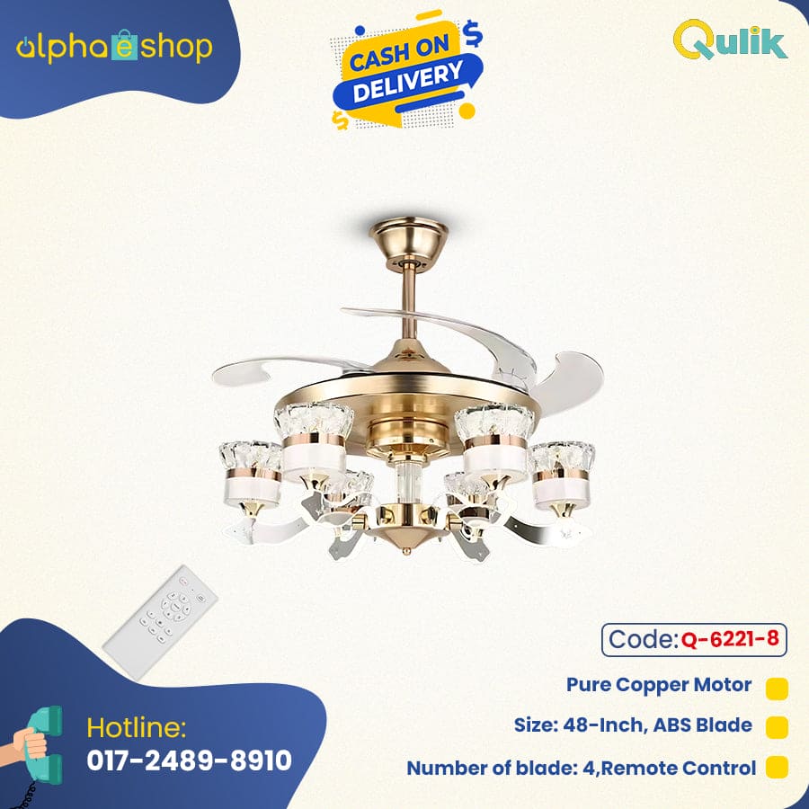 Qulik Q-6221-8 48 Inch Modern Chandelier Ceiling Fan - Retractable Blades, 3 Color Change LED, Remote Control - Golden and Black