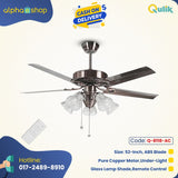 Qulik 52" European Style Ceiling Fan - Q-8118-AC. Antique Copper finish with glass flower design, pure copper movement, LED lighting, and remote control. Perfect for living rooms, bedrooms, and dining areas