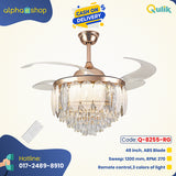 Qulik 48" Crystal Chandelier Ceiling Fan - Q-8255-SW. Golden finish with retractable blades, silent operation, LED lighting, and remote control. Ideal for lobbies, kitchens, bedrooms, studies, and dining rooms.