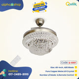 Qulik 48" Crystal Chandelier Ceiling Fan - Q-8307. Elegant Golden finish with retractable blades, LED lighting, and remote control. Perfect for bedrooms, living rooms, and dining areas.