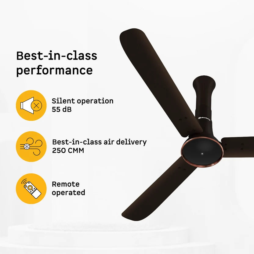 Atomberg Studio Ventra 1250mm BLDC fan in Blaze Brown with 250 CMM air delivery, 55 dB silent operation and remote control, model AT-177.