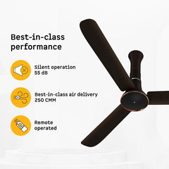 Atomberg Studio Ventra 1250mm BLDC fan in Blaze Brown with 250 CMM air delivery, 55 dB silent operation and remote control, model AT-177.