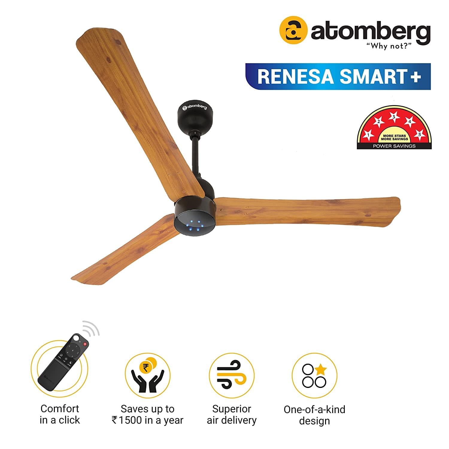Atomberg Renesa Smart + 48" BLDC Motor With Remote Energy Saving IOT Enable Ceiling Fan (Golden Oakwood) AT-119
