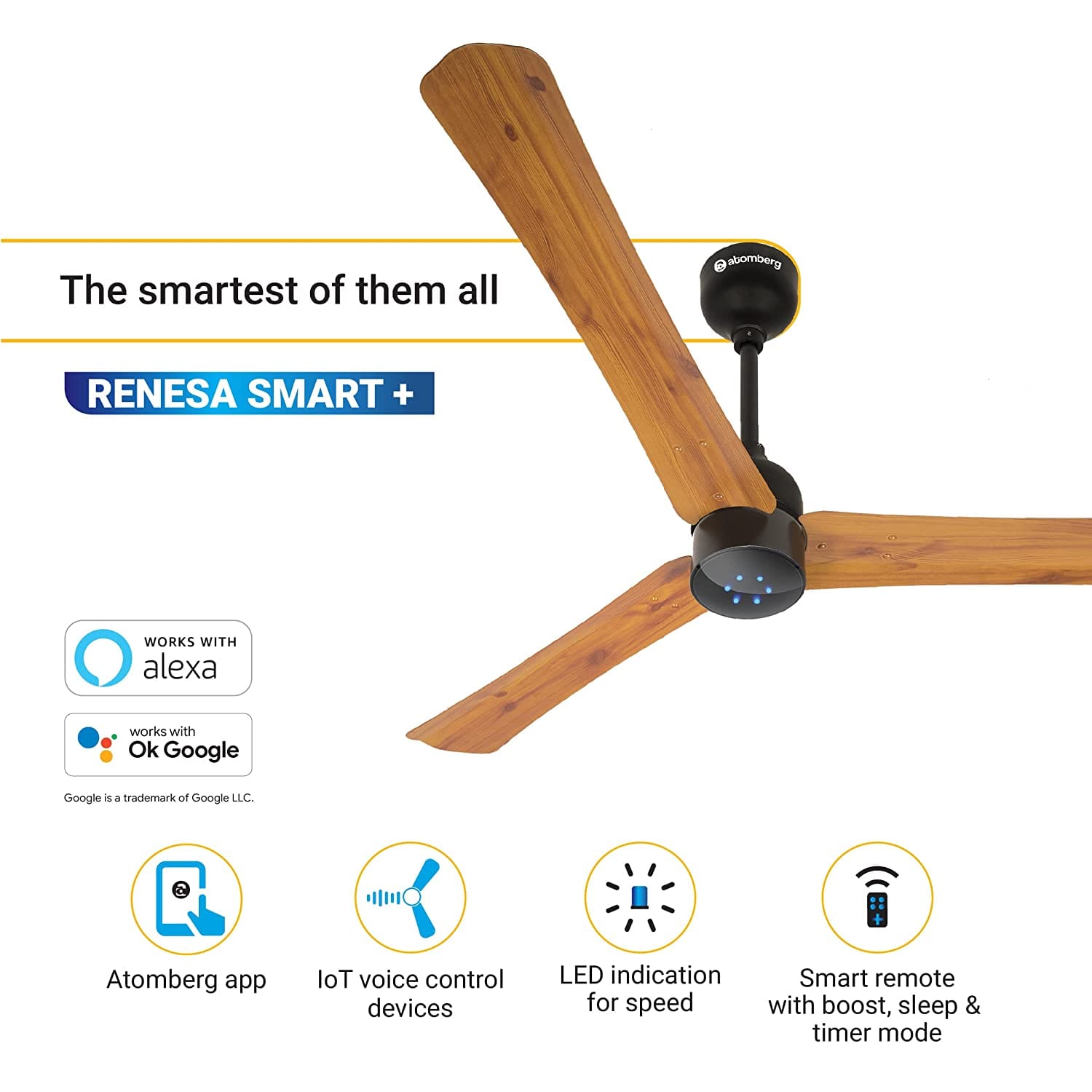 Atomberg Renesa Smart + 48" BLDC Motor With Remote Energy Saving IOT Enable Ceiling Fan (Golden Oakwood) AT-119