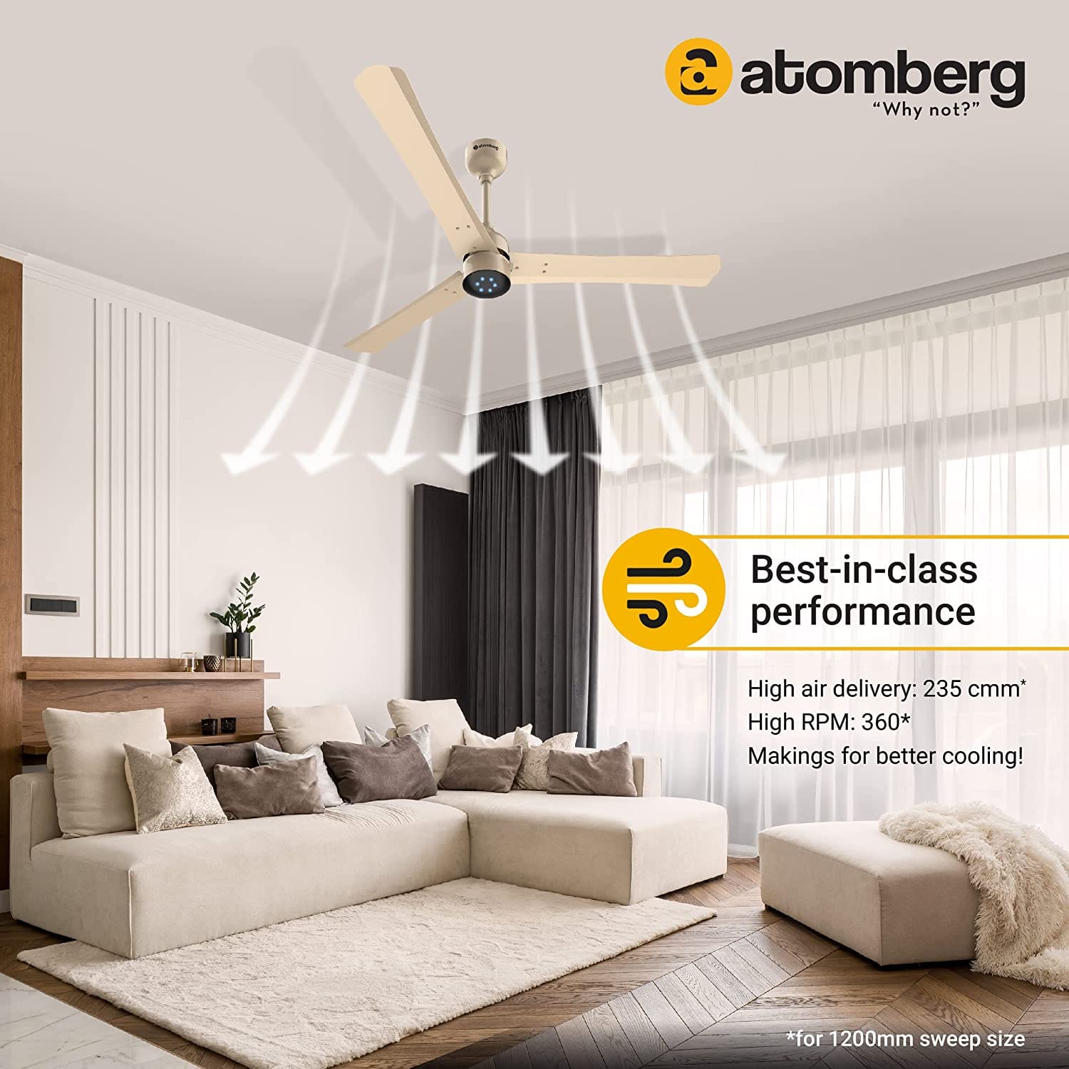 Atomberg Renesa + 48" 32W BLDC motor Energy Saving Anti-Dust Speed Indicator Light Ceiling Fan with Remote Control  ( Metallic Gold ) AT-108