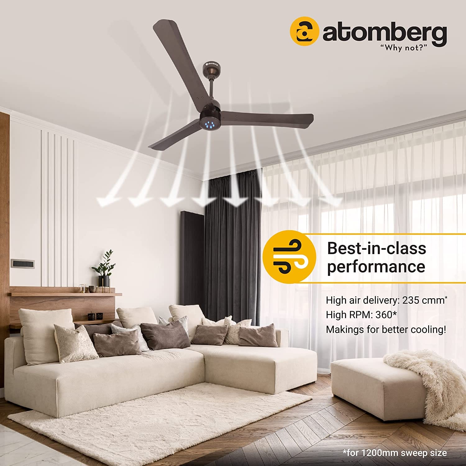 Atomberg Renesa + 48" 28W BLDC motor Energy Saving Anti-Dust Speed Indicator Light Ceiling Fan with Remote Control  ( Earth Brown )  AT-121