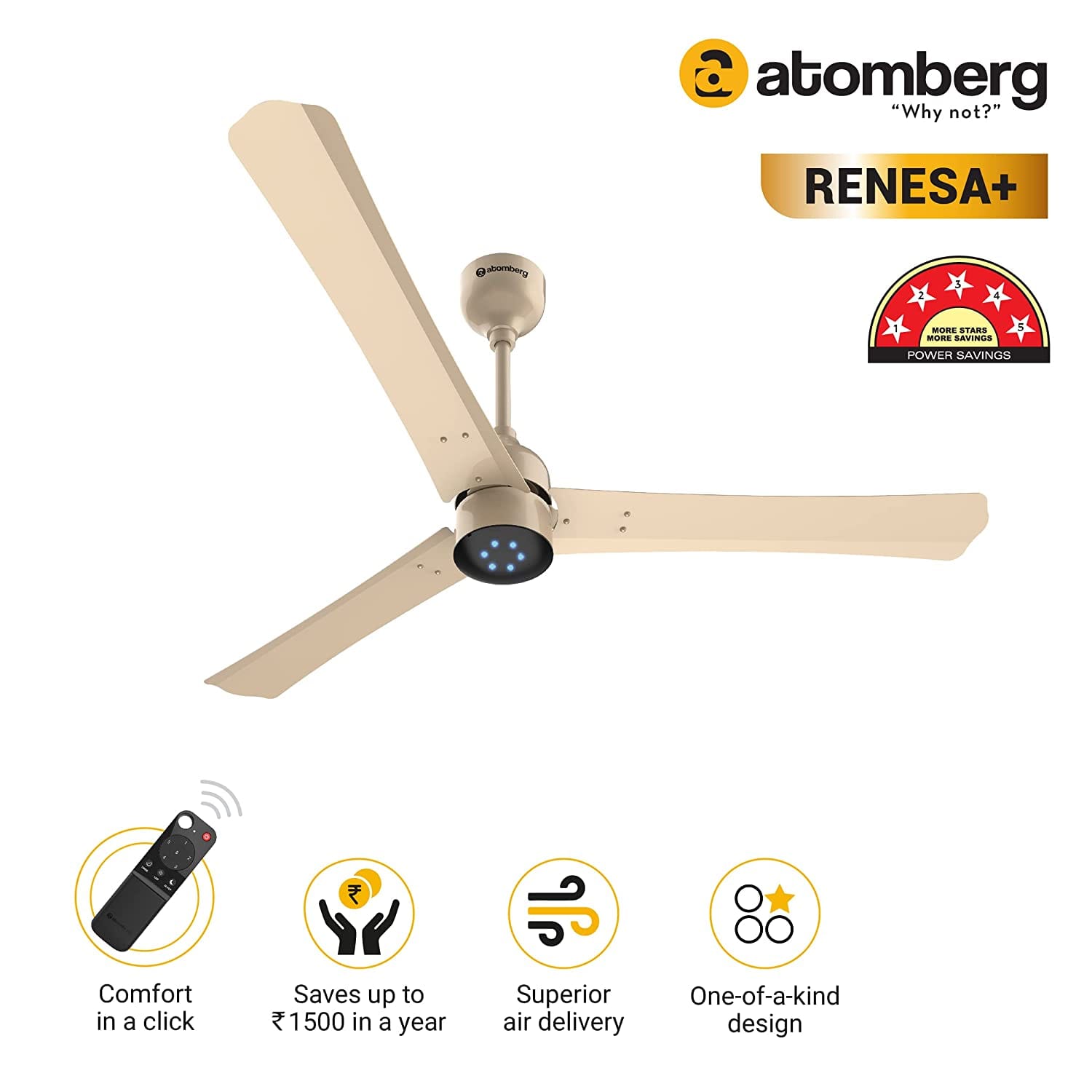 Atomberg Renesa + 48" 32W BLDC motor Energy Saving Anti-Dust Speed Indicator Light Ceiling Fan with Remote Control  ( Metallic Gold ) AT-108