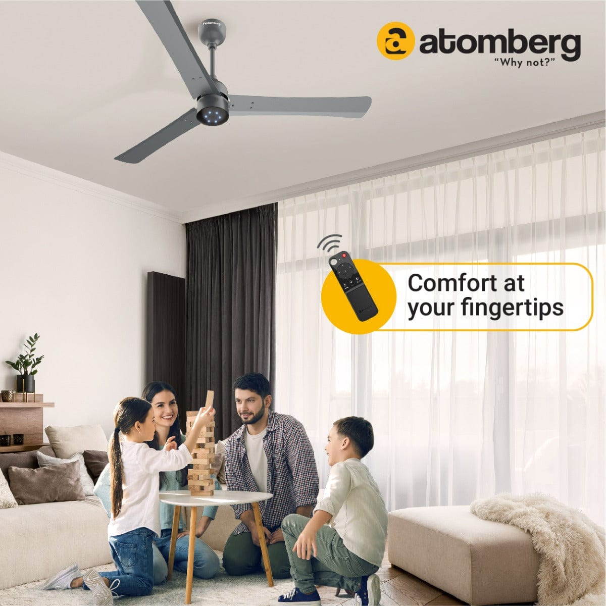 Atomberg Renesa+ 48" 28W BLDC motor Energy Saving Anti-Dust Speed Indicator Light  Ceiling Fan with Remote Control (Sand Grey) AT-123