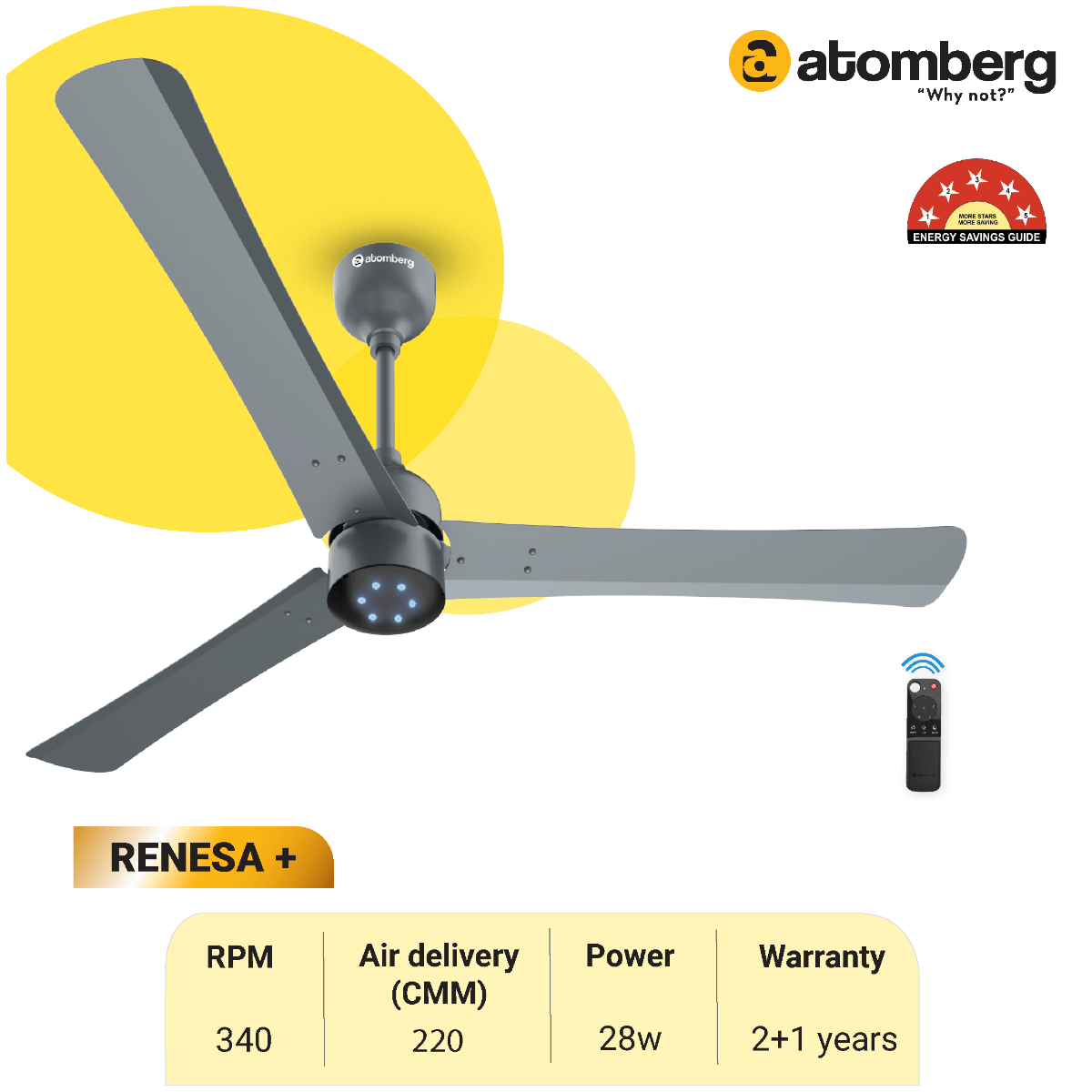 Atomberg Renesa+ 48" 28W BLDC motor Energy Saving Anti-Dust Speed Indicator Light  Ceiling Fan with Remote Control (Sand Grey) AT-123