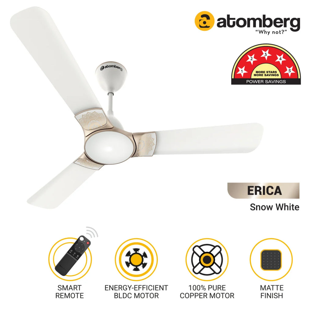 Atomberg Erica 48'' 35 W BLDC Motor Energy Saving Anti-Dust Speed Indicator Light Ceiling Fan With Remote Control ( Snow White ) AT-110