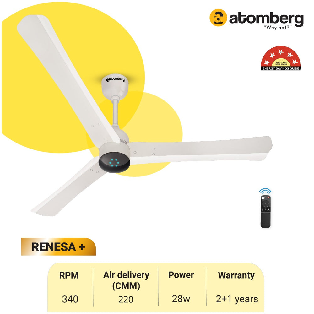 Noiseless ceiling fan Atomberg Renesa+ 56 inch in Pearl White with remote control