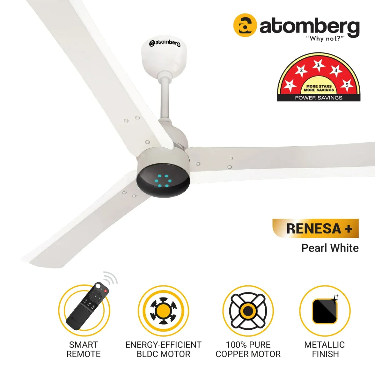 Atomberg Renesa+ 56" 35W BLDC motor Energy Saving Anti-Dust Speed Indicator Light  Ceiling Fan with Remote Control (Pearl White) AT-101 - Ceiling Fan - Best Ceiling Fan Price in Bangladesh  | Alphaeshop.store