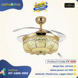 Luxury 42 " Modern Ceiling Fan with 36W led Light, Remote Control Noiseless Retractable Crystals Chandelier Fan ( Golden ) CF - 669