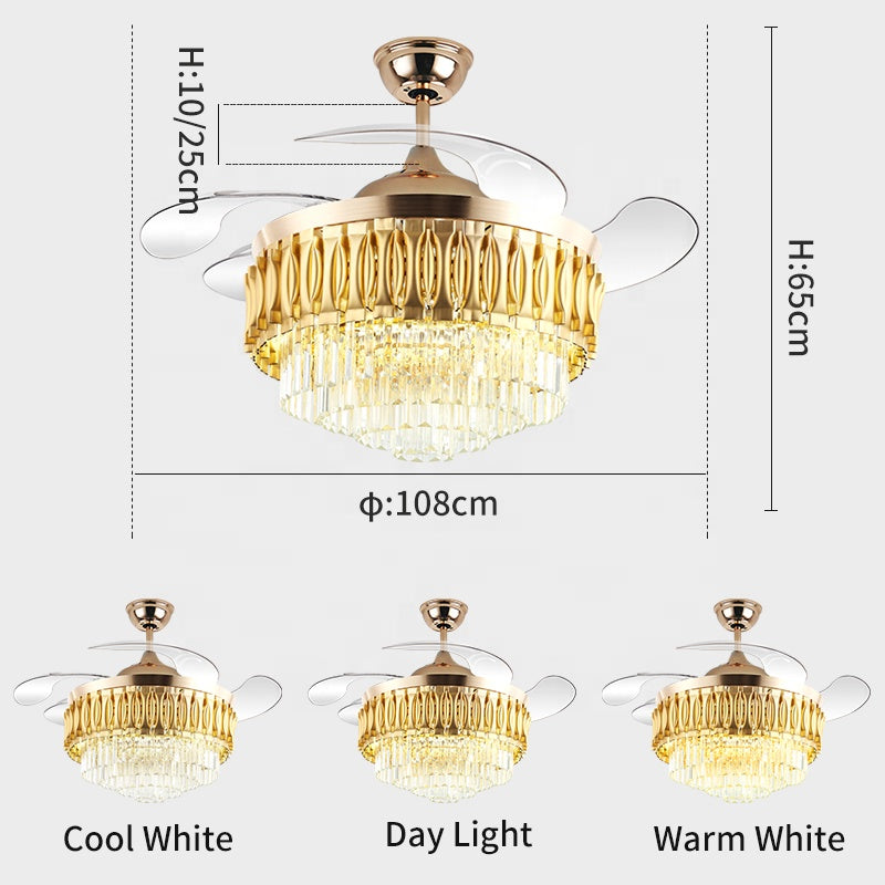 Yamade Alpha 42’’ Retractable Crystal Silent 3 Light Change LED Chandelier with Remote Invisible Blade Golden Crystal Y-515