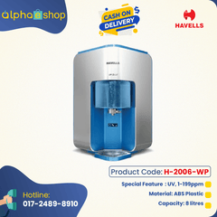 Alphaeshop banner H-2006-WP (1).jpg for Havells UV Plus 5-stage RO UV 8L water purifier in white and sky blue.