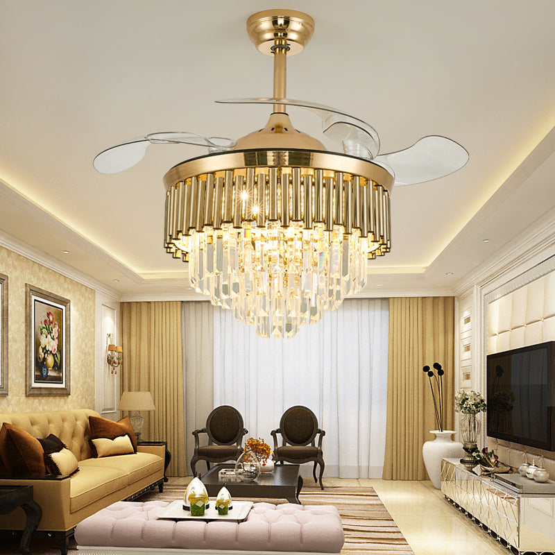 Yamada Alpha 42’’ Retractable Crystal Silent 3 Light Change LED Chandelier with Remote Invisible Blade Golden Crystal Y-514