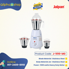 Jaipan Kitchen Gold 1000W heavy-duty mixer grinder (J-1010-MG) in white, with three stainless steel jars and blades. Available at Alphaeshop.