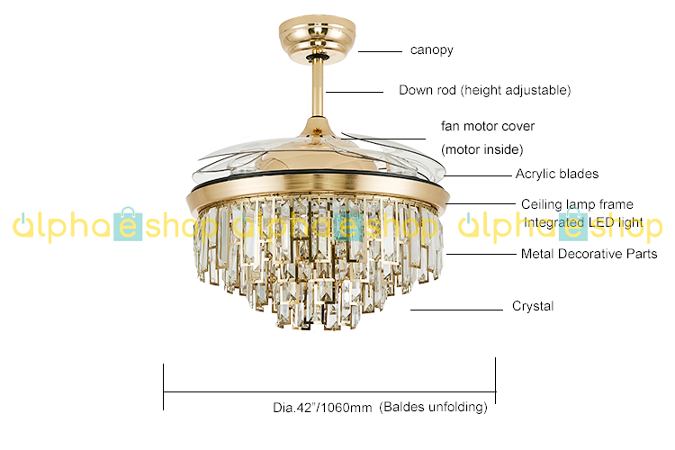 Luxury Chandelier 42'' Golden Crystal Underlight with Remote control Ceiling fan CF-609..
