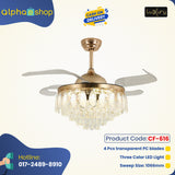 Luxury 42’’ Retractable Crystal Silent 3 Light Change LED Chandelier with Remote Invisible Blade Golden Crystal CF-616