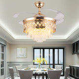 Luxury 42’’ Retractable Crystal Silent 3 Light Change LED Chandelier with Remote Invisible Blade Golden Crystal CF-622