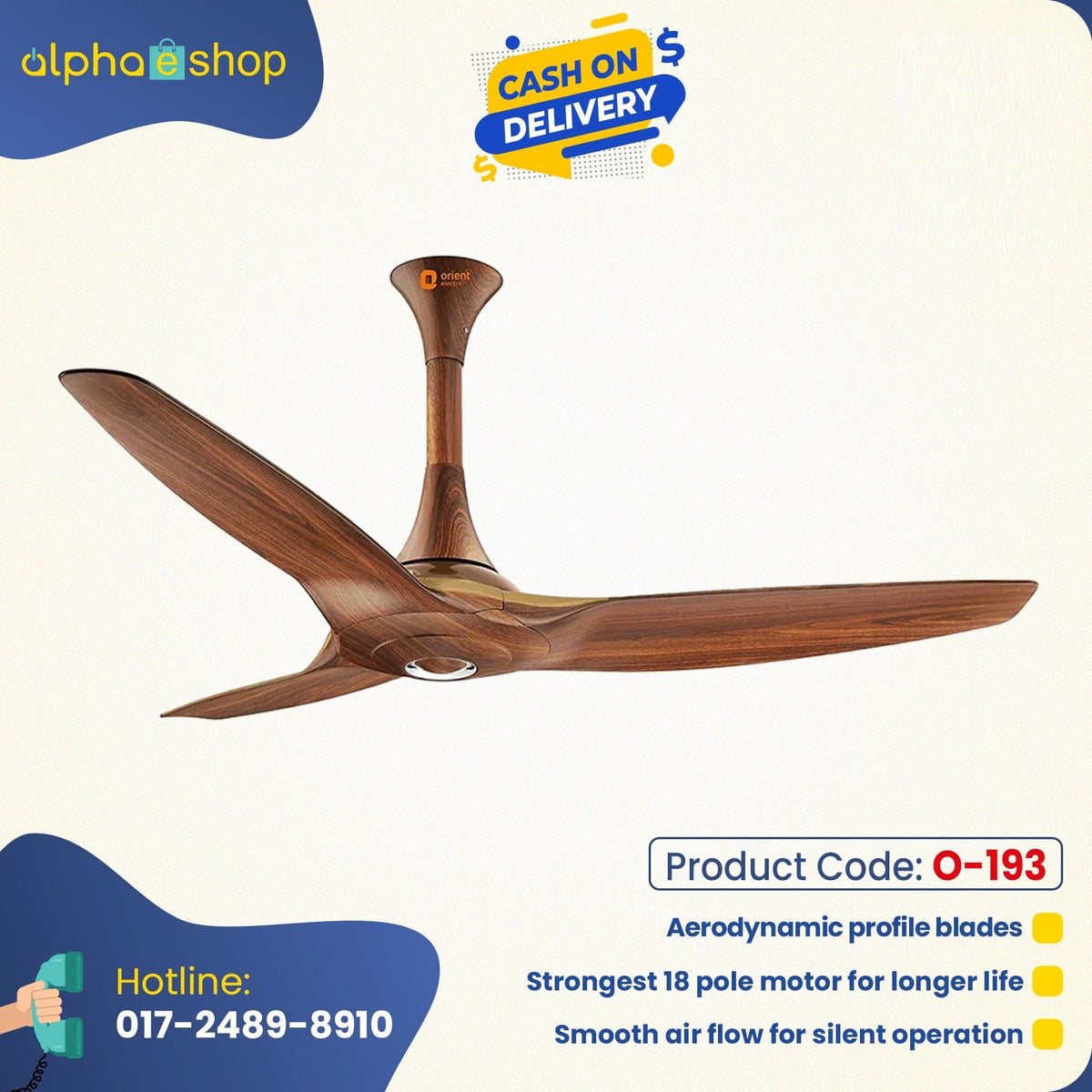 Orient Aeroquite 48" Silent Powerful Ceiling Fan (Wooden Finish) O-193