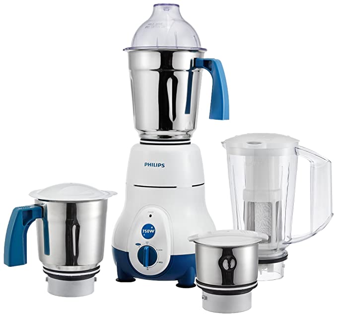 Philips HL1643/04 Avance Collection 750W mixer grinder with 4 jars, including stainless steel grinding jars and blender jar.